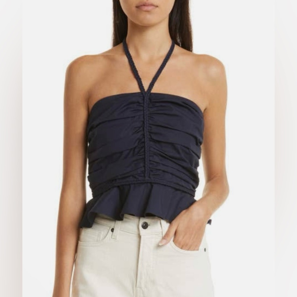 VERONICA BEARD Size 12
Arienne ruched stretch-cotton poplin halterneck top